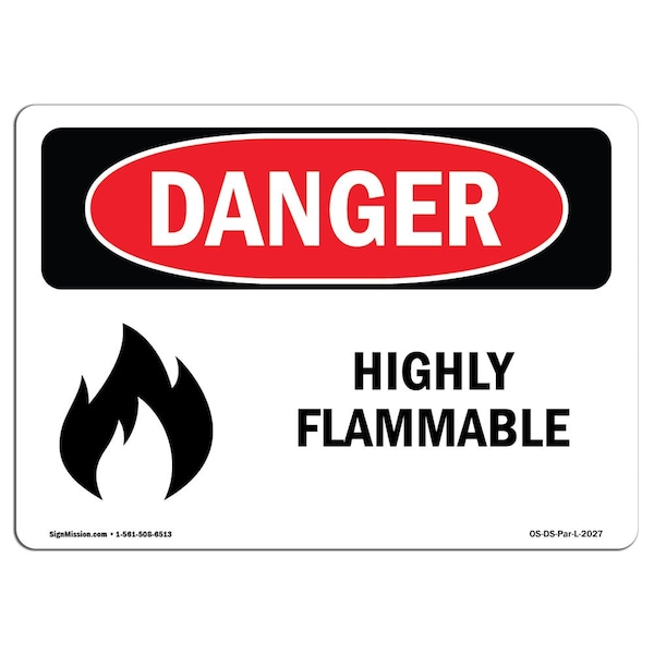 Safety Sign, OSHA Danger, 3.5" Height, 5" Width, Highly Flammable, Landscape, 10PK
